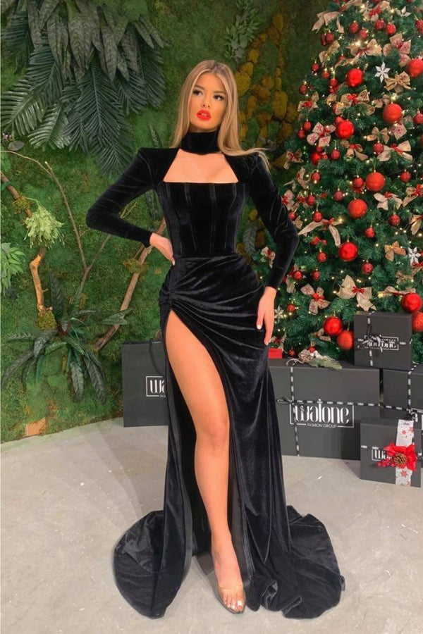 Black Velvet Long Sleeves High Slit Halter Prom Dress