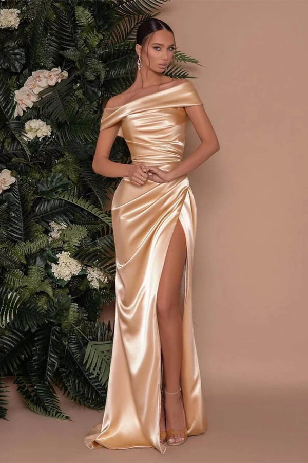 Off The Shoulder Charmeuse Prom Dress Split Mermaid Champagne