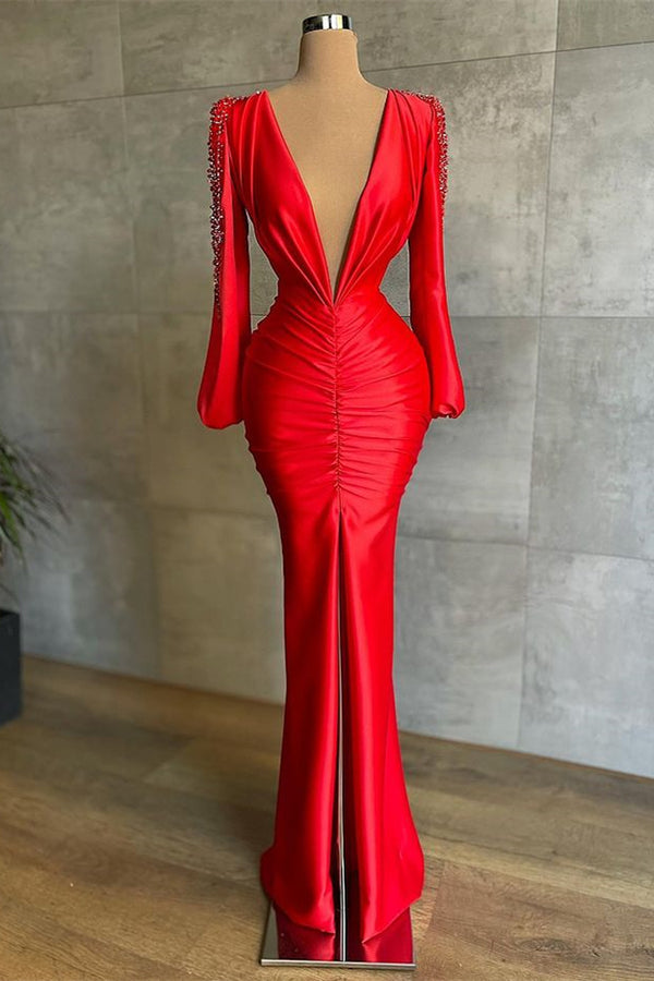 Red Mermaid Prom Dress with Deep V-Neck and Long Sleeves