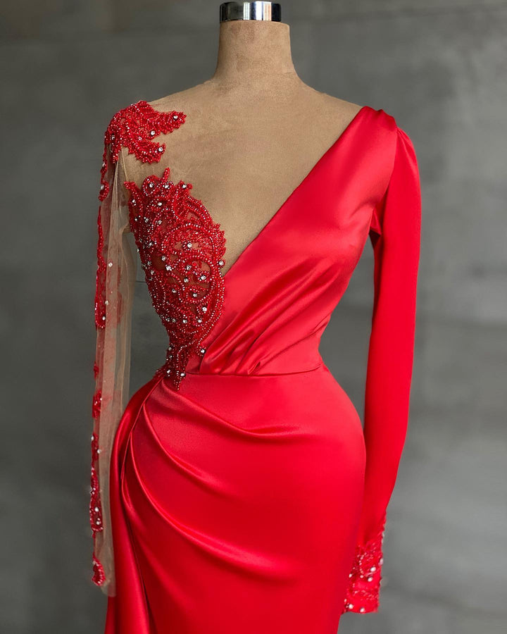 Mermaid Red Long Sleeves Prom Dress