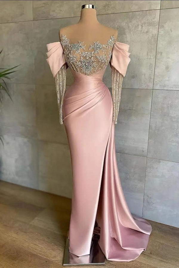 Off-The-Shoulder Front Split Mermaid Long Sleeves Prom Dress with Beadings and Appliques in Pink