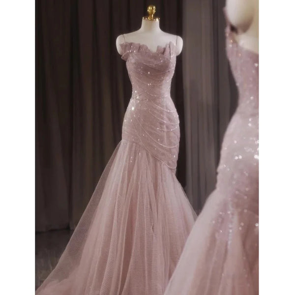 Light Pink Tulle Prom Dress with Spaghetti Strap and Sleeveless Design