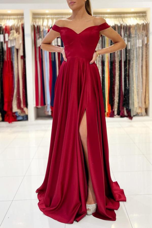 Off-the-Shoulder Burgundy Prom Dress With Slit