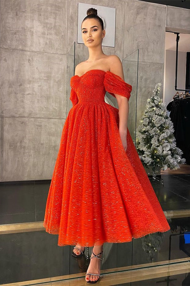 Off-Shoulder Red Sequins Prom Dress