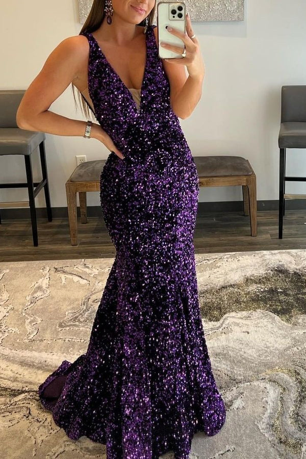 Sequined Purple V-Neck Long Mermaid Prom Dress