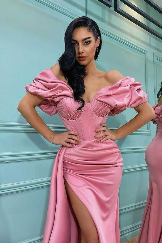 Off-the-Shoulder Pink Split Prom Dress Mermaid