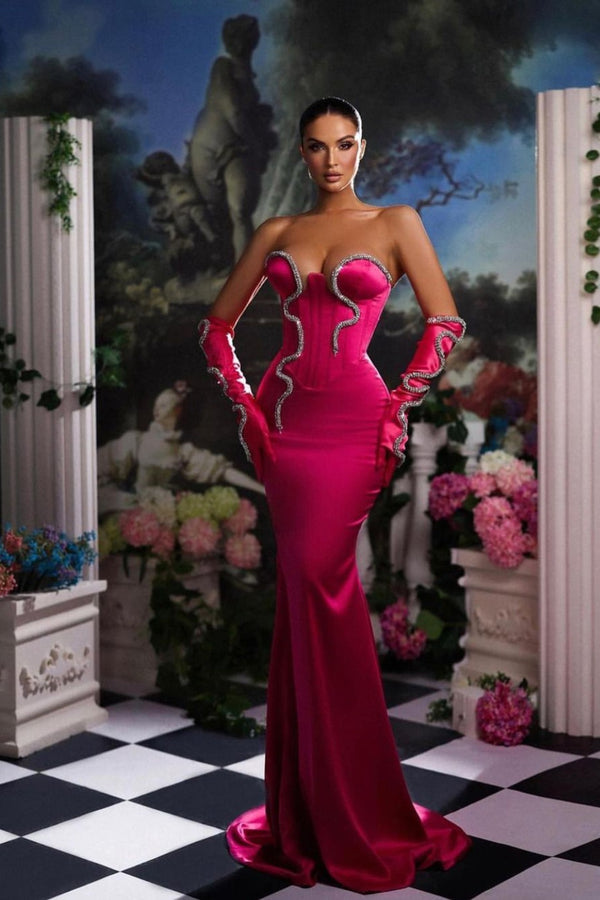 Strapless Fuchsia Mermaid Prom Dress with Half Sleeves