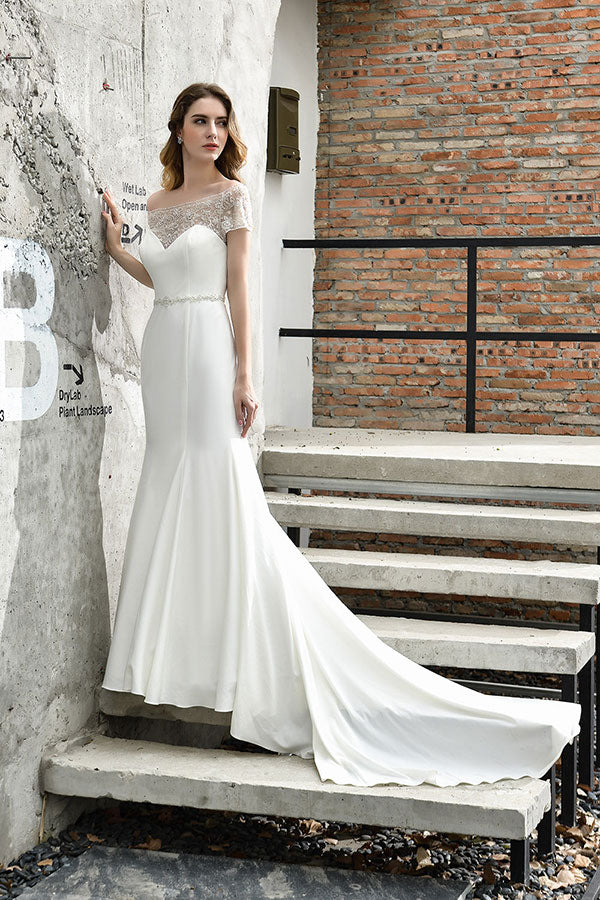 Bmbride Short-Sleeve Mermaid Satin Lace Bridal Gown