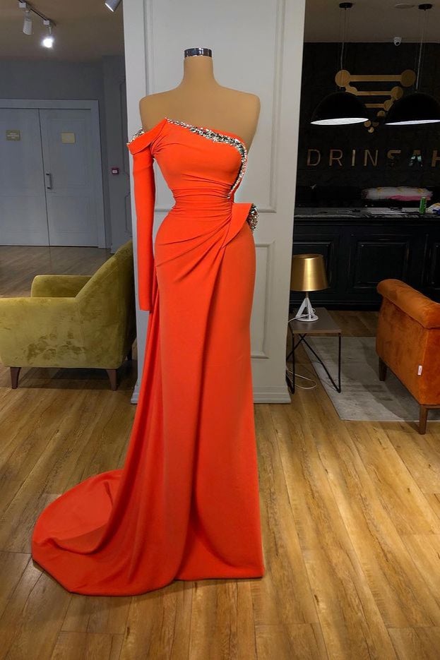 Sequined Orange Mermaid Prom Dress with Long Sleeves