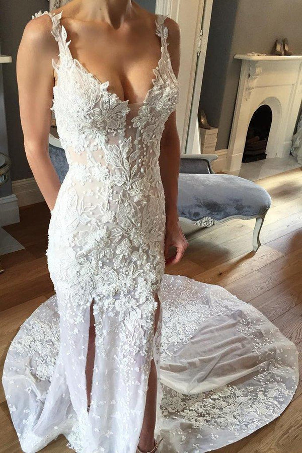 Bmbride Lace Appliques Beach Wedding Dress with Sheath V-neck and Court Train