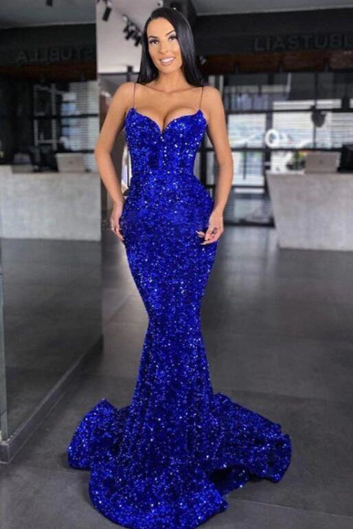 Sequined Royal Blue Sweetheart Spaghetti Strap Mermaid Prom Dress