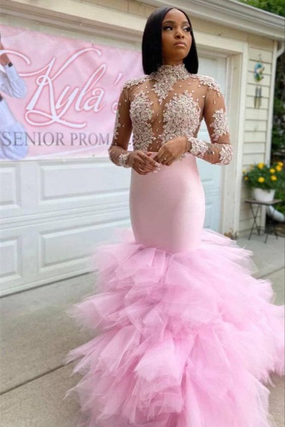 Prom Dress: Pink High Neck Tulle Mermaid with Lace Appliques