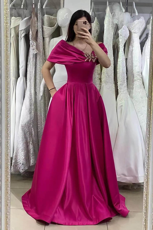 Fuchsia Off-The-Shoulder Mermaid A-Line Prom Dress with Beadings