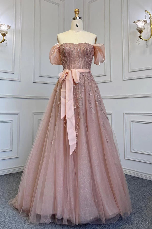 Pink Off-The-Shoulder Prom Dress with Bubble Sleeves Sequin Belt and Tulle