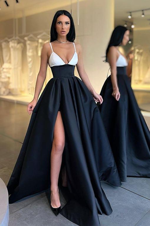 Spaghetti-Straps Prom Dress in Black and White