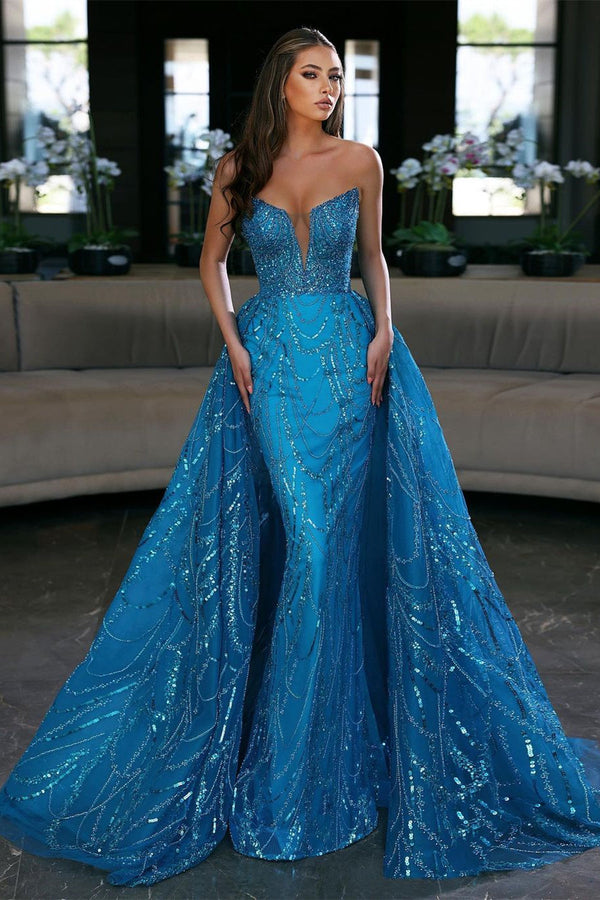 Sequined Royal Blue Sleeveless Strapless Long Evening Dress Prom Dress