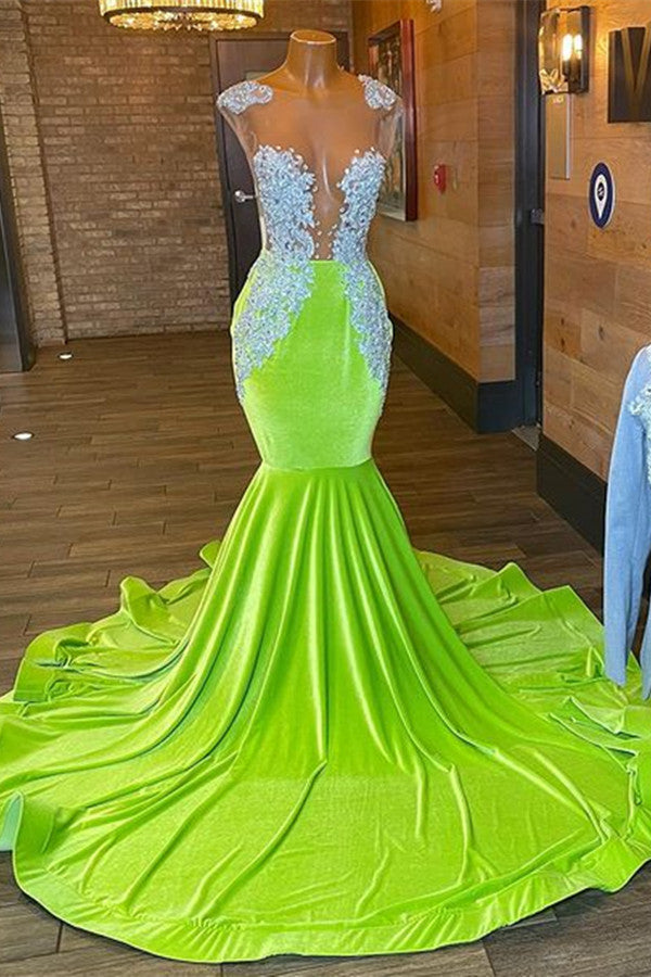 Light Green Evening Dress with Long Sleeveless Strapless Appliques