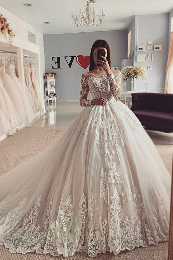 Bmbride Wedding Dress: Classy Bateau Neck Long Sleeve Appliques Lace A-Line Floor-length Tulle