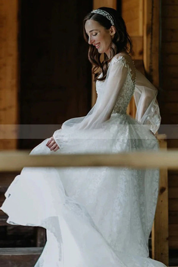 Bmbride Stunning A-line Tulle Long Sleeve Lace Wedding Dress