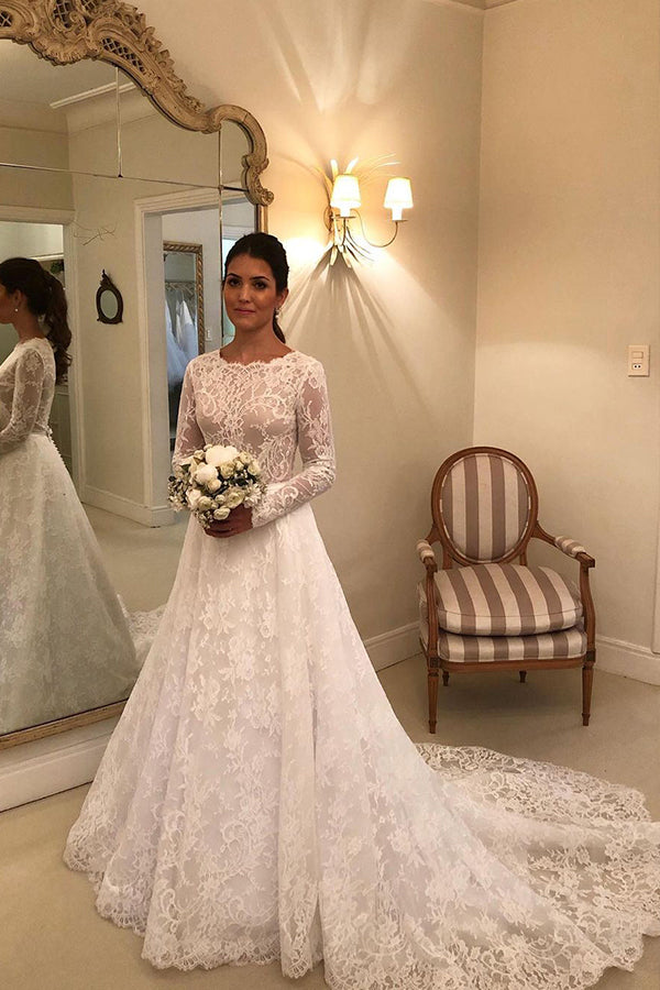 Bmbride Scoop Lace Long Sleeve A-line Wedding Dress