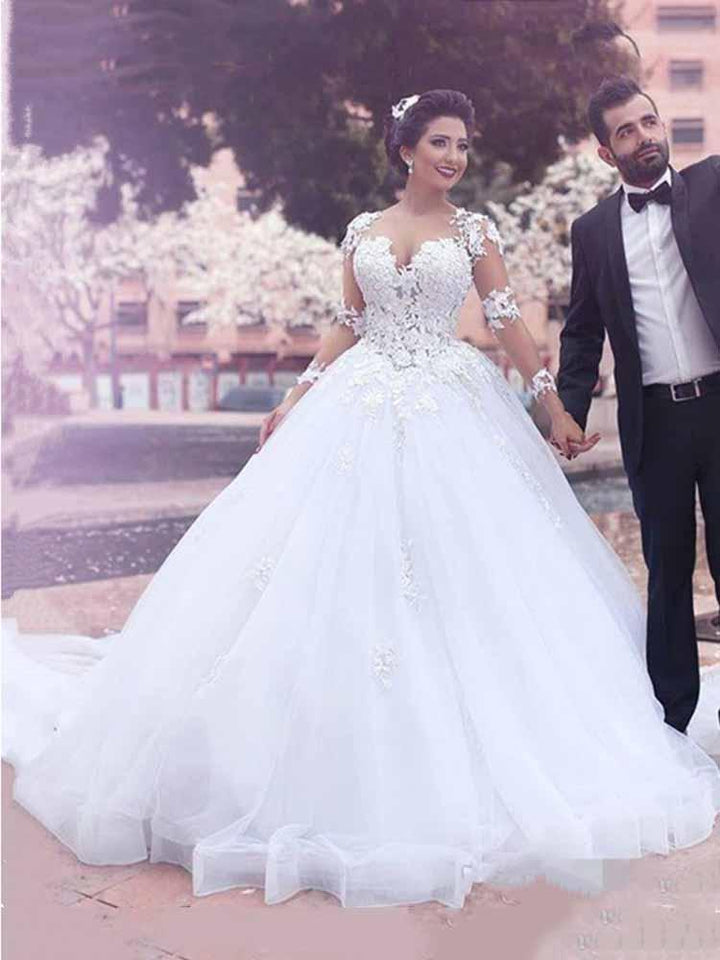 Bmbride Lace Ball Gown Wedding Dresses with Long Sleeves