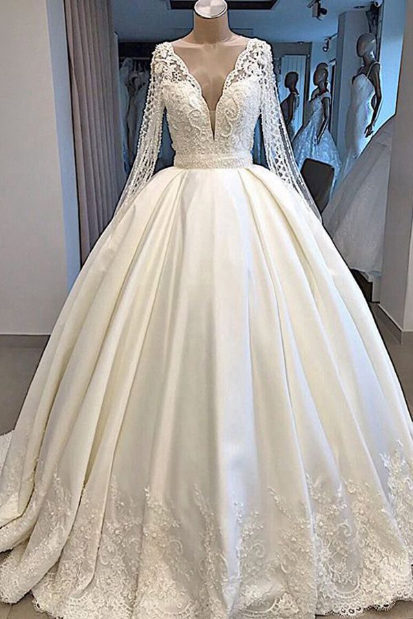 Bmbride Satin Wedding Dress with Long Sleeve V-neck and Ball Gown