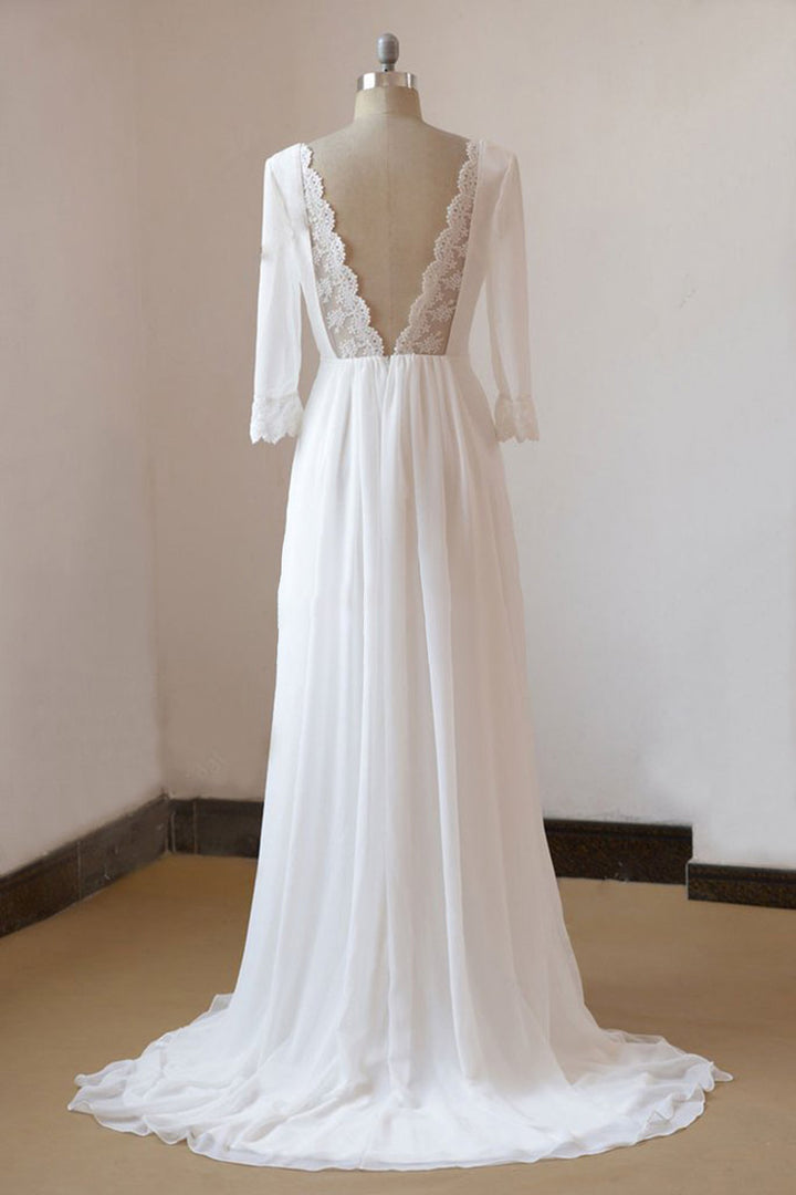 Bmbride Chic 3/4 Sleeves and Backless Long Chiffon Beach Wedding Dress