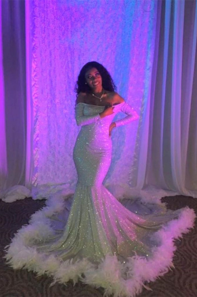 Off-the-Shoulder Sequins Mermaid Long Prom Dress With Feather and Long Sleeves