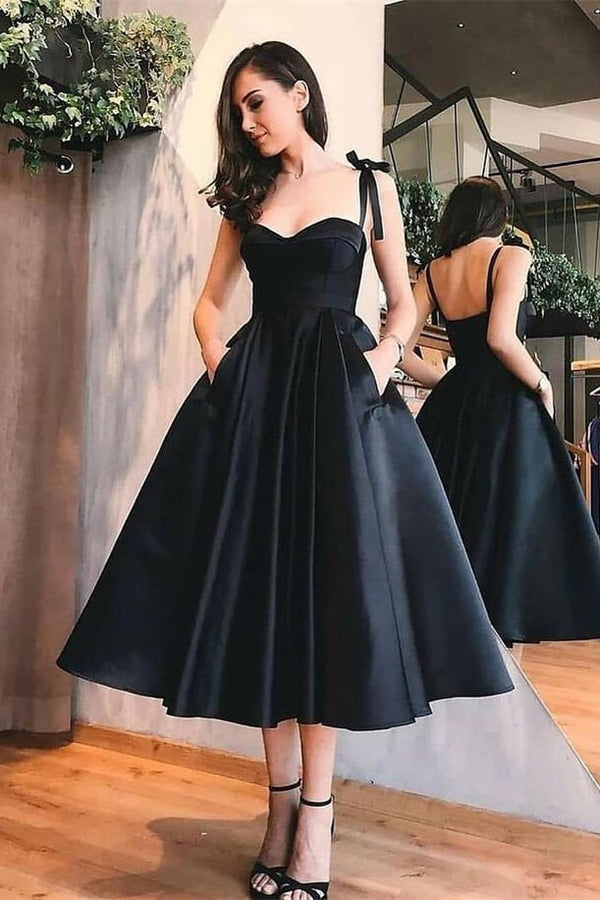 Sweetheart Tea Length A-Line Evening Dress With Pockets in Black Spaghetti-Straps