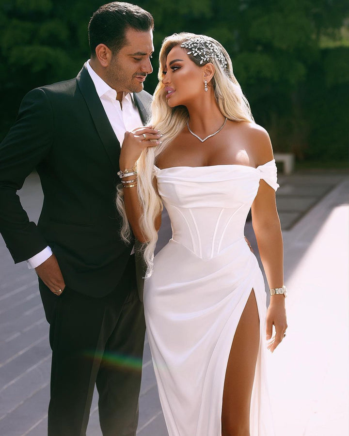 Off-the-Shoulder White Wedding Dress with High Slit