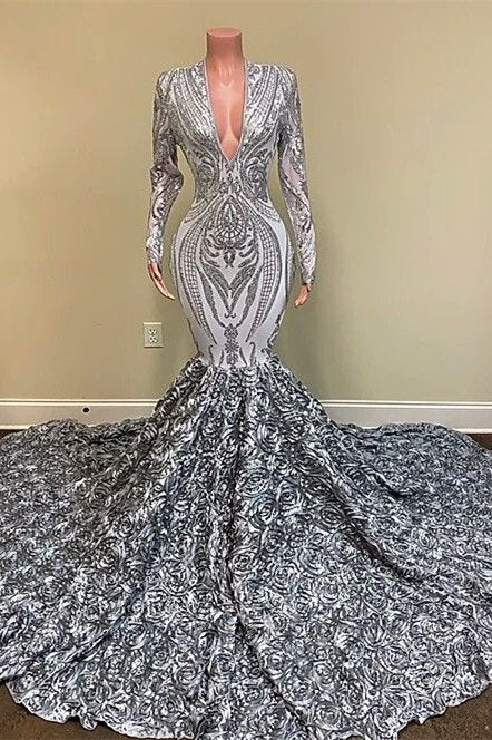 Silver V-Neck Long Sleeves Sequins Lace Prom Dress Mermaid With Flower Bottom