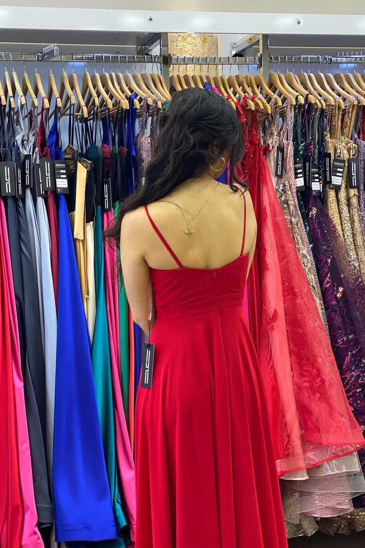 Long Red Prom Dress with Spaghetti Straps and Slit