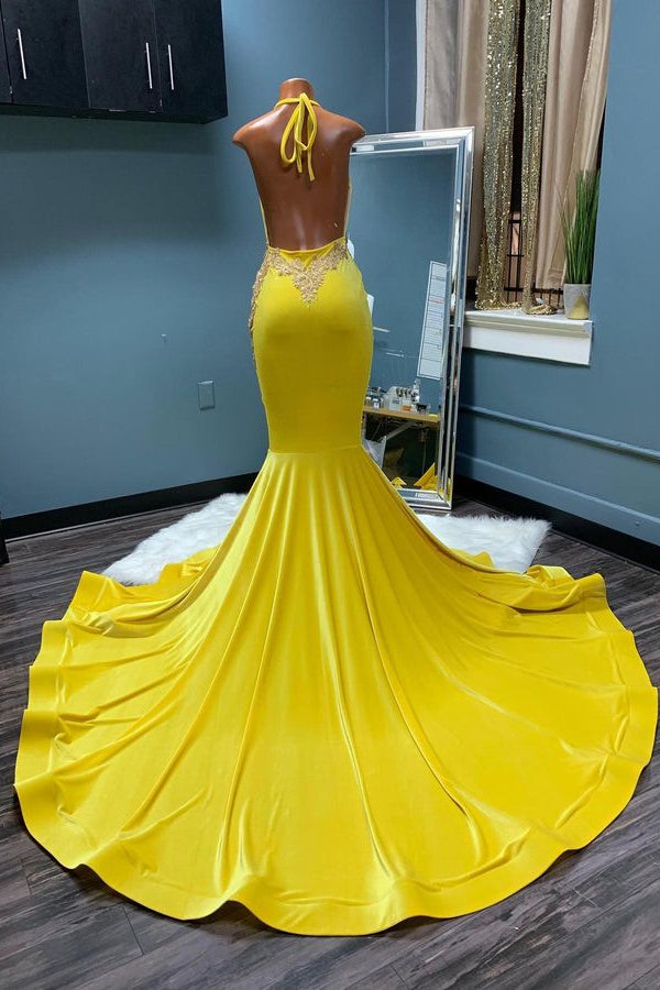 Daffodil Evening Dress - Halter Appliques Long Mermaid V Neck