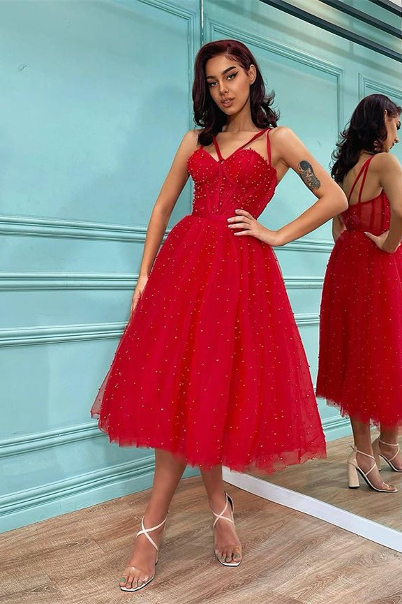 On Sale: Red Spaghetti-Straps Pearls Tulle Prom Dress