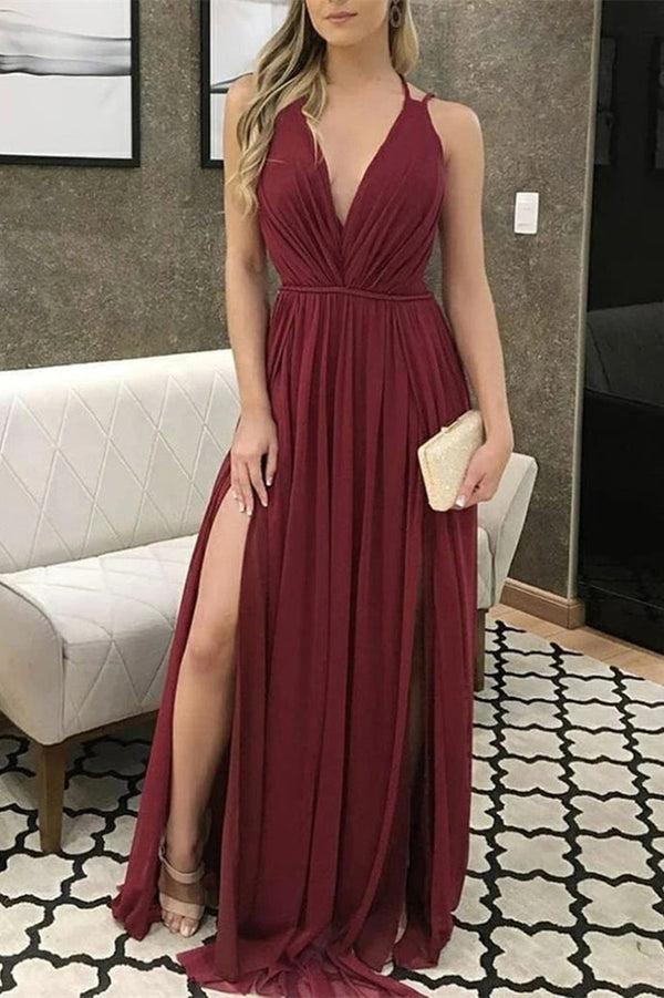 Burgundy Chiffon Prom Dress With Slit