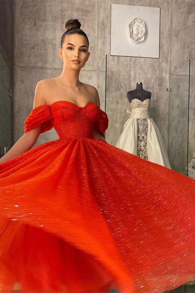 Off-Shoulder Red Sequins Prom Dress