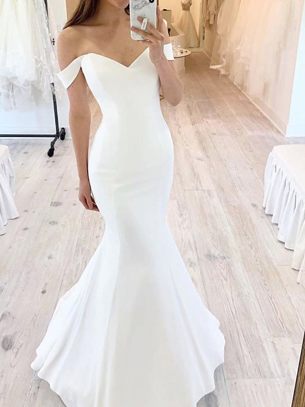 Bmbride Off Shoulder Floor Length Satin Short Sleeve Sexy Mermaid Trumpet Wedding Dresses