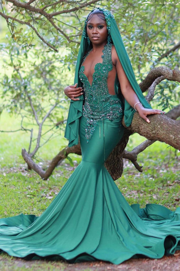 V-Neck Mermaid Sleeveless Beading Sweep Train Formal Dresses