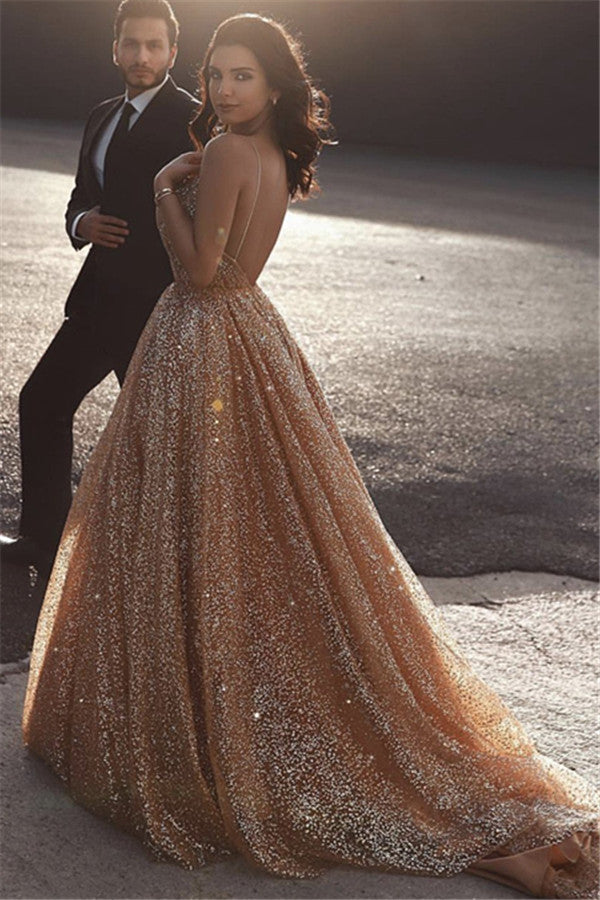 Long Prom Dress with Gold Sequins