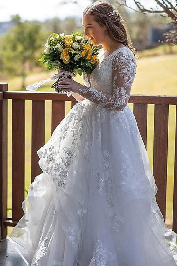 Bmbride Long Sleeve V-neck A-line Tulle Lace Wedding Dresses