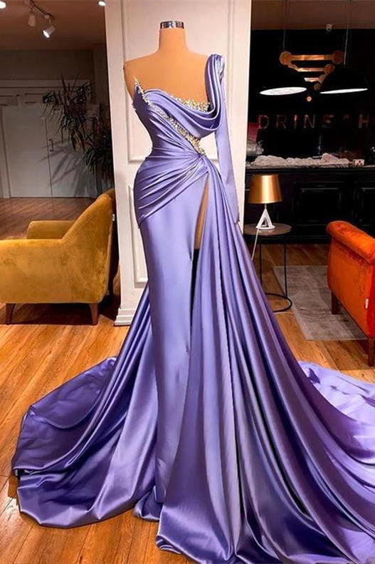 One-Shoulder Long-Sleeve Mermaid Prom Dress with Slit Beadings