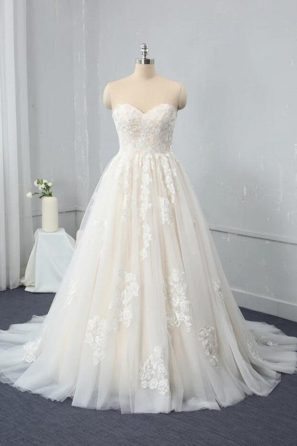 Bmbride Vintage Sweetheart Backless Appliques Lace Tulle Floor-length A-Line Wedding Dress