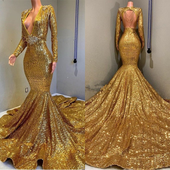 Mermaid Prom Dress with Applique Gold Long Sleeves V-Neck