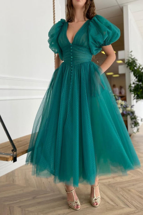 On Sale: Dark Green V-Neck Evening Dress A-line With Short Sleeves