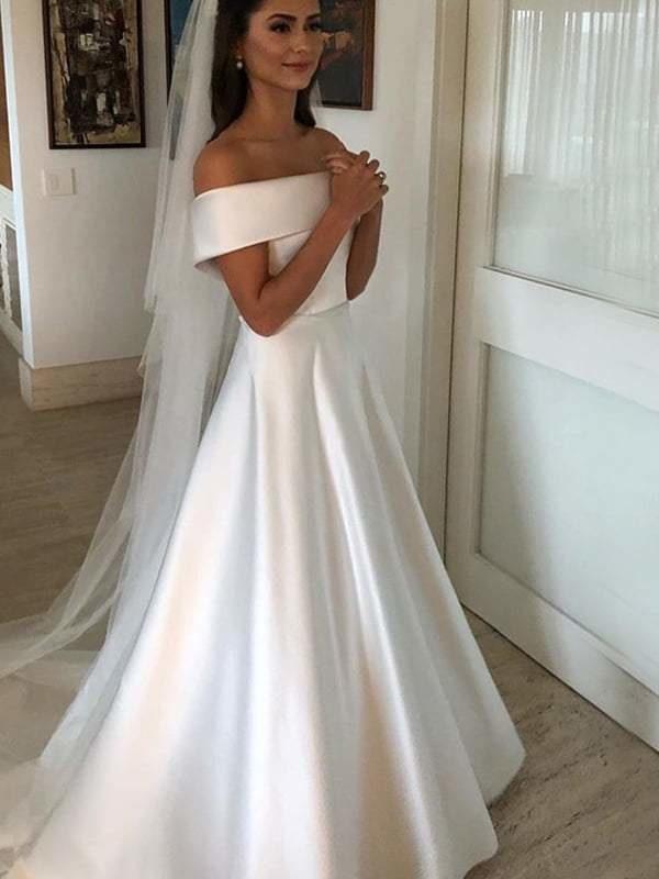 Bmbride A Line Wedding Dresses Off The Shoulder Satin Wedding Dress