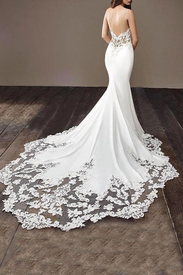 Bmbride Lace Mermaid Wedding Dress with Spaghetti Straps