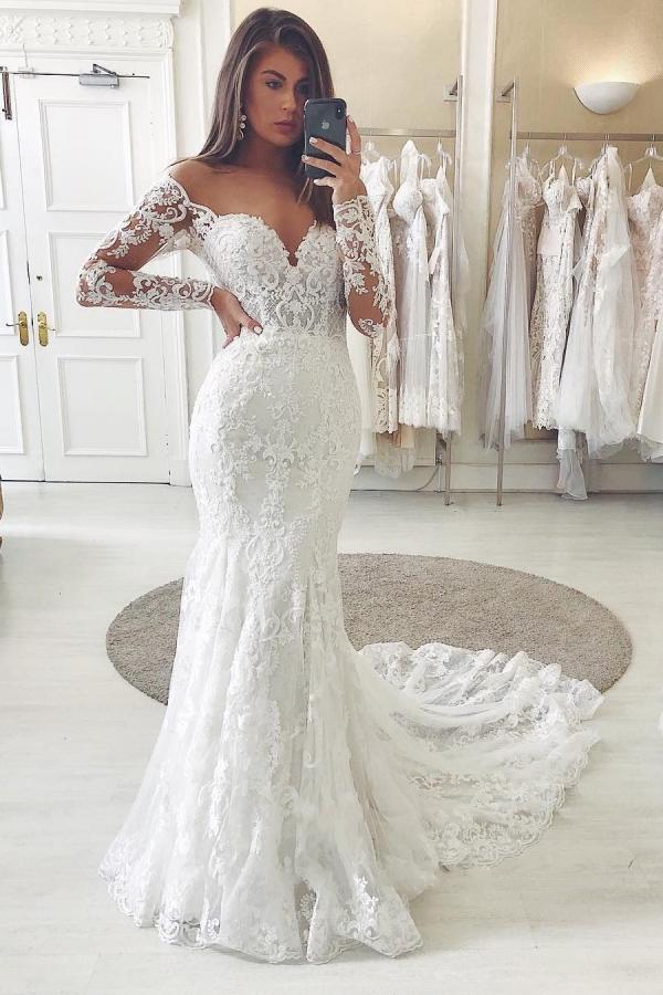 Bmbride Long Mermaid Off-the-shoulder Lace Wedding Dress with Sleeves