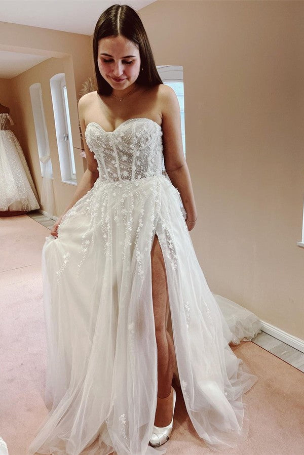 Bmbride Elegant Long A-line Sweetheart Tulle Lace Wedding Dress with Slit