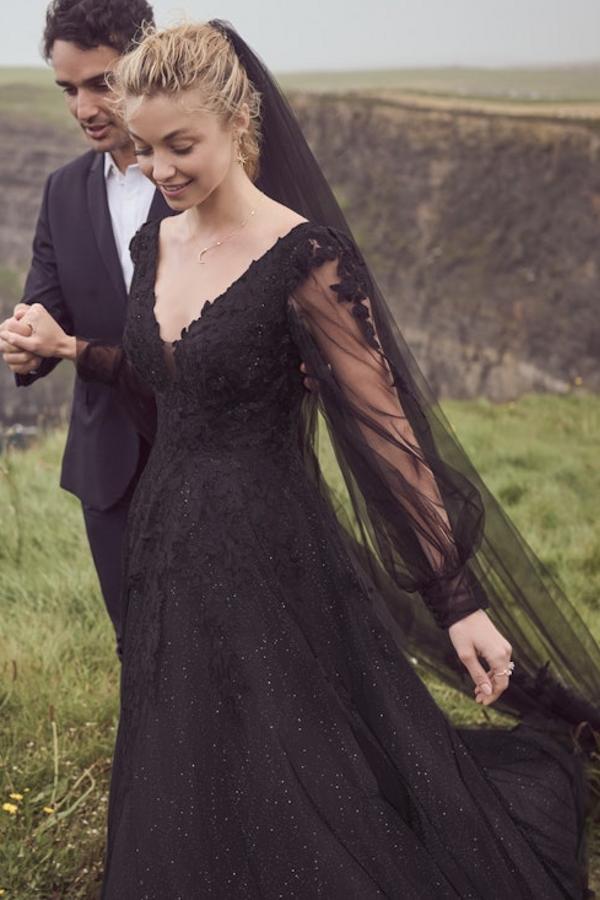 Bmbride Black A-line V-neck Backless Lace Wedding Dress with Long Sleeves