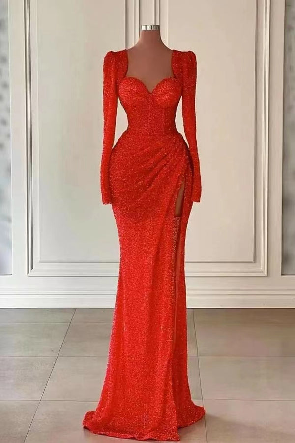 Sequins Mermaid Evening Dress With Split - Red Long Sleeves Sweetheart